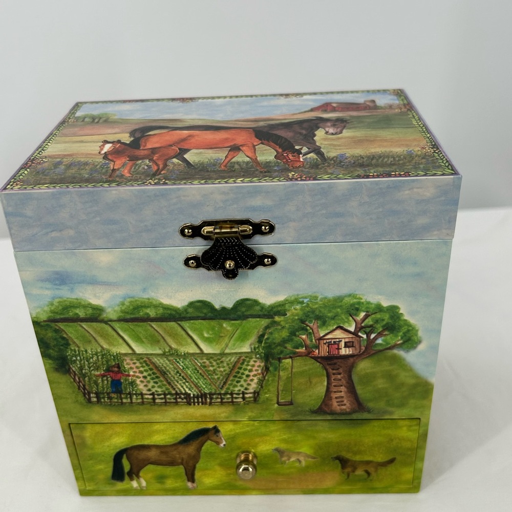 Jewelry Keepsake Music Box Wind Up Music and Twirling Horse Lots of Drawers